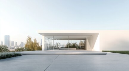 Modern white house exterior with large glass wall