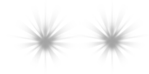 Grey light flare overlay effect. Two abstract starburst graphic elements for visual enhancement. Isolated on transparent background. PNG, Cutout.