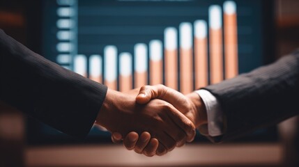 Business Handshake: A resolute handshake symbolizes partnership amid the financial progress displayed on a graph, conveying trust and growth