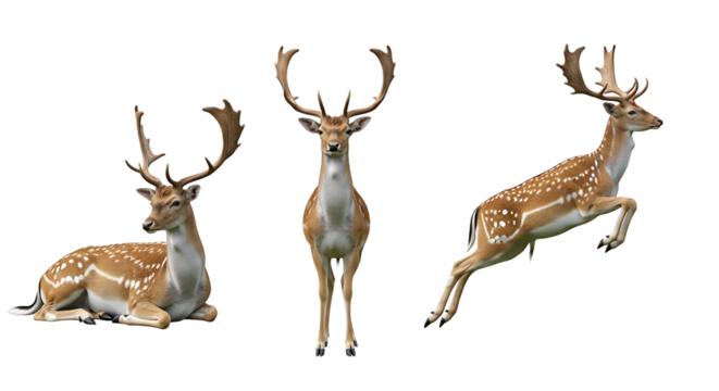 Three Spotted Deer in Diverse Poses Against a White Background.