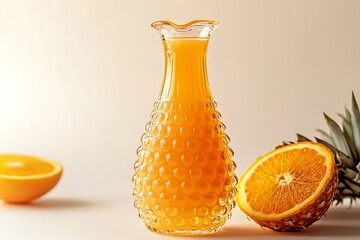 A decorative glass carafe filled with vibrant orange juice sits beside fresh oranges