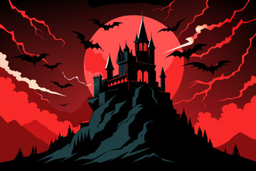 Spooky Halloween night with a haunted castle, bats, and a scary pumpkin on a hill, a dark autumn illustration