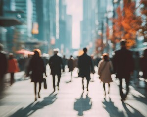 Blurred City Crowd on Sunny Autumn Day