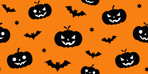 Spooky Halloween seamless pattern with pumpkins, bats, and a black cat silhouette for an autumn night horror celebration