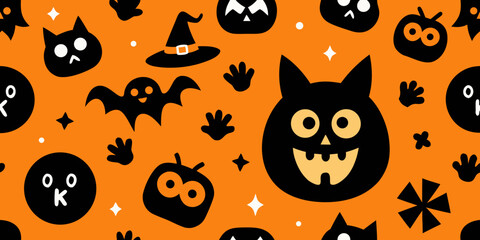 Spooky Halloween seamless pattern with cartoon cats, pumpkins, bats, and ghosts, perfect for an October holiday design