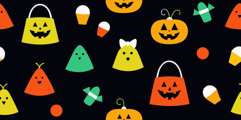Halloween seamless pattern with spooky cartoon pumpkin, bat, ghost, and witch hat icons, perfect for an October holiday design