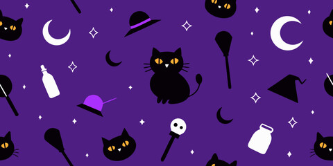 Spooky Halloween vector set: cartoon black cat silhouettes with pumpkins, bats, and ghosts under a moonlit night sky