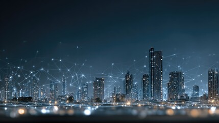 Cityscape Network at Night: Capturing the essence of a futuristic cityscape at night. Digital connectivity overlaid with city lights creating a sense of technological advancement.