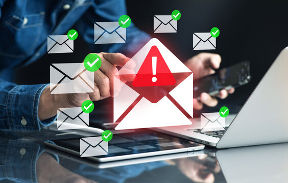 Person faced with digital document hacking attack from spyware.Data security protection concepts.Email warning or error with notification alert