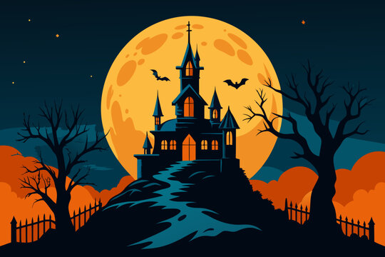 Spooky Halloween night with a haunted house and castle silhouettes under a full moon, surrounded by creepy trees, bats, and pumpkins on a dark autumn hill