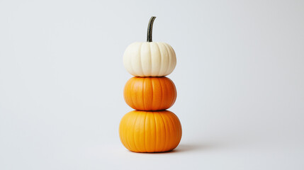 A stack of three pumpkins in white, orange, and yellow sit on a clean, minimal surface, highlighting the bright colors of the fall harvest season 