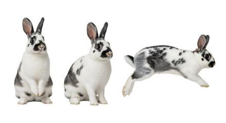 Three spotted rabbits standing sitting and leaping with ears erect.