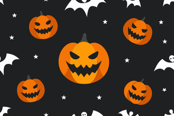 Spooky Halloween seamless pattern with smiling orange pumpkins and evil jack-o'-lanterns for an autumn night celebration