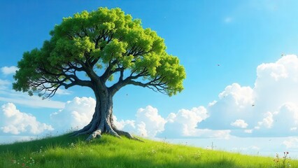 Fototapeta premium Serene Landscape Featuring a Majestic Tree on a Verdant Hill Under a Bright Sky with Fluffy White Clouds