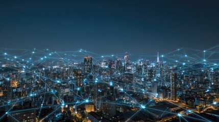 Obraz premium Digital Cityscape: A modern cityscape bathed in the cool glow of digital connections, illuminated against the backdrop of a twilight sky.
