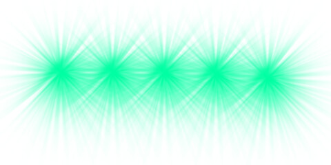 Set of five green light flares and starbursts in a row. A graphic overlay and effect element isolated on a transparent background for digital design. PNG.