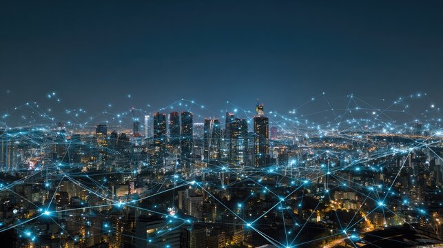 Night Cityscape with Futuristic Network Overlay: A stunning aerial view of a modern cityscape at night, interlaced with a dynamic, interconnected network of digital pathways.