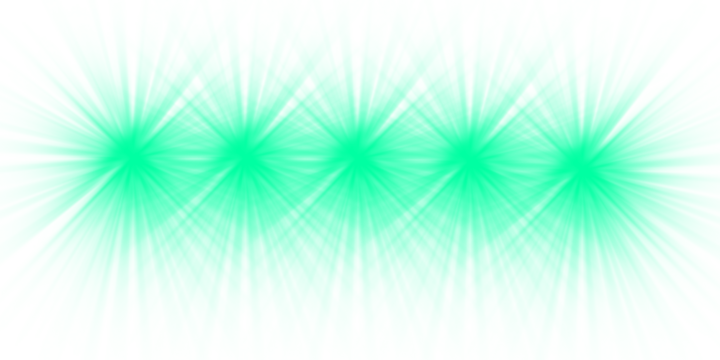 Set of five green light flares and starbursts in a row. A graphic overlay and effect element isolated on a transparent background for digital design. PNG.