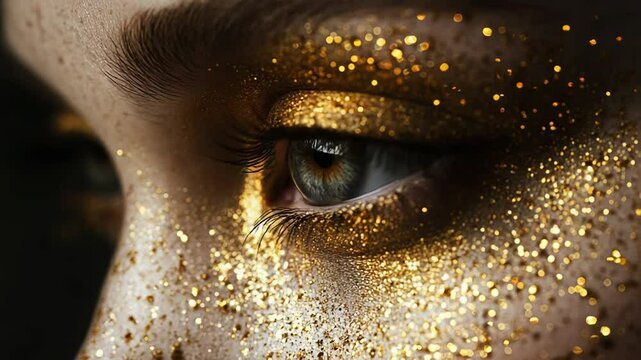 Golden makeup shining on model face with hazel eye