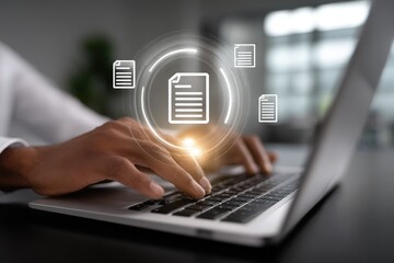 Person working on laptop with document icon overlay