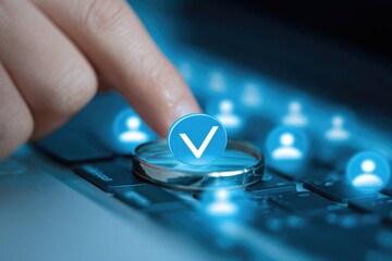 Finger presses a virtual checkmark over user profiles on a laptop keyboard