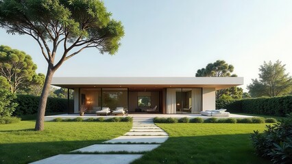 Modern Minimalist House Design Tranquil Backyard Oasis with Sunlit Patio and Landscaped Lawn