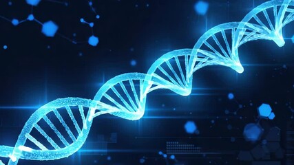 3D DNA double helix spinning with glowing particles, biotechnology background, blue and white tones  - Powered by Adobe