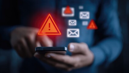 Person interacting with a phone displaying red warning signs and email symbols