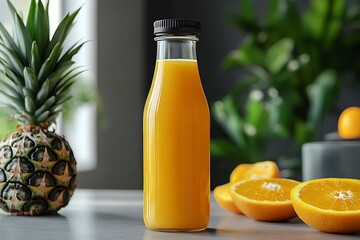 A clear glass bottle of refreshing orange juice is surrounded by fresh fruits and greenery