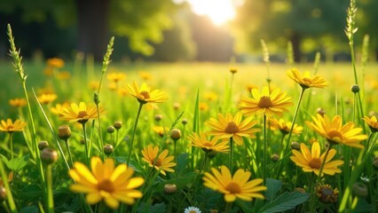 Fototapeta premium Golden Sunlit Meadow Vibrant Yellow Wildflowers Basking in Warm Evening Light