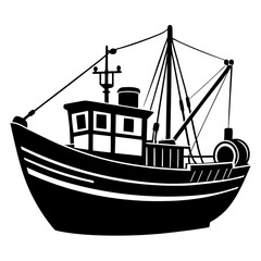 a classic fishing trawler boat silhouette, ready for the open sea silhouette black and white background