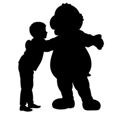 Silhouette of child hugging mascot character, emotional family connection
