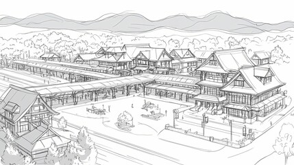 Fototapeta premium Architectural sketch of a market complex with japanese-inspired buildings.