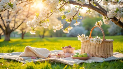 Photo of a charming easter picnic setup in a sundrenched orchard with blooming trees, featuring a woven basket, colorful eggs, and fresh berries on a blanket