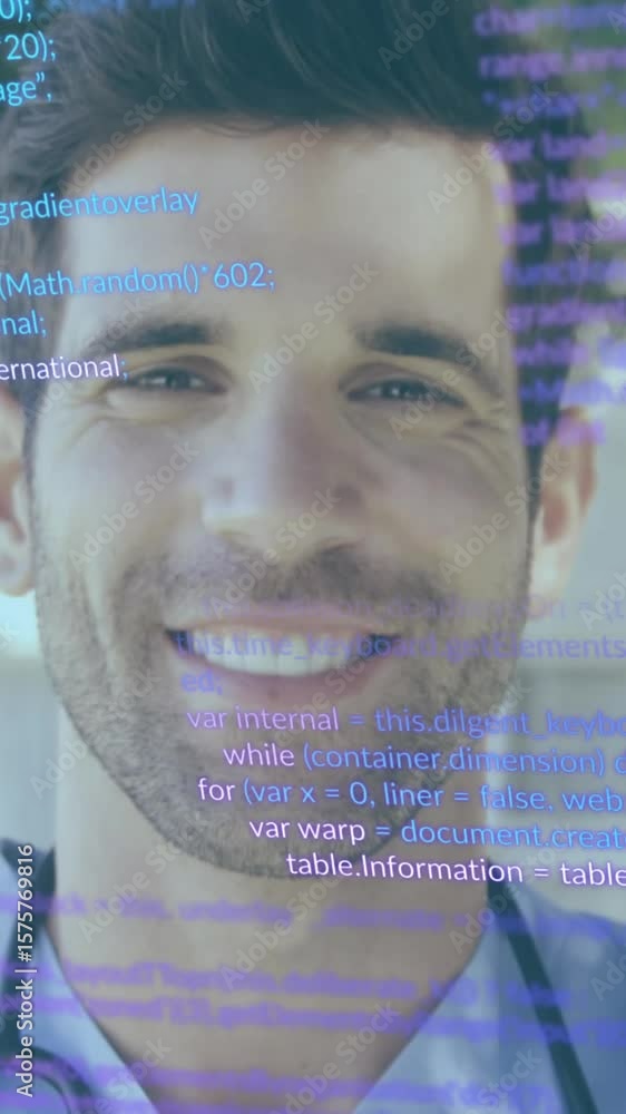 Poster animation of computer language over smiling caucasian doctor with stethoscope around neck