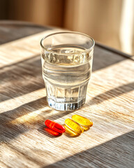 Clear glass of water with colorful capsules on a wooden table, bright lighting creating a clean and refreshing atmosphere.