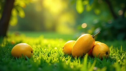 Fototapeta premium Golden tropical fruits resting on lush green grass bathed in warm sunlight