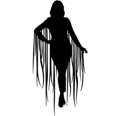 Silhouette of person with flowing fringed outfit, fashion style elegance