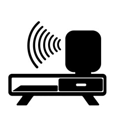 Silhouette of smart speaker emitting sound waves on table, digital assistant icon