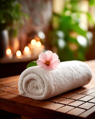 Spa setting with rolled towel, soft lighting and flower accent, conveying relaxation and wellness, ideal for calming promotions.