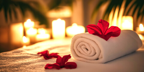 Spa setting with rolled towel, red flower petals scattered, warm candlelight ambiance, perfect for relaxation and zen themes.