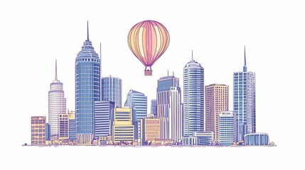 Fototapeta premium City skyline with hot air balloon illustration.