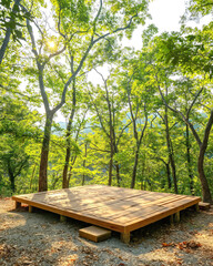 Sunlit wooden platform in lush green forest, surrounded by tall trees, perfect for relaxation or meditation, inviting nature retreat.