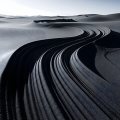 A futuristic or surreal landscape of a winding black road through a dark, minimalist terrain.