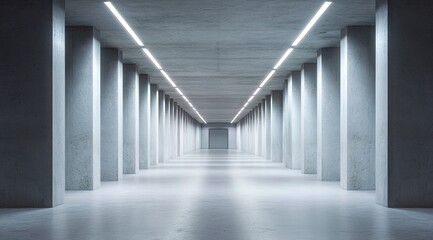 Fototapeta premium Empty, long concrete tunnel lit by bright lines