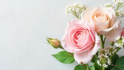 Delicate Pink and Peach Roses with Small White Flowers on a Light Background
