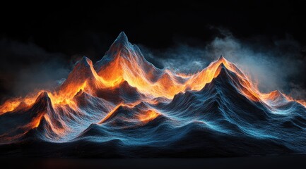 Fiery, textured mountains in a dark landscape