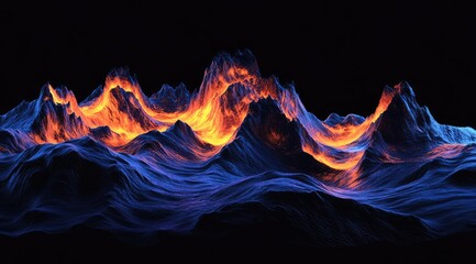 Fiery, glowing mountains range against dark background