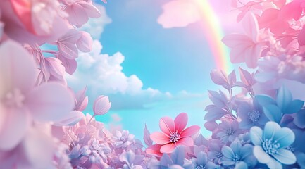 Pastel floral scene with rainbow