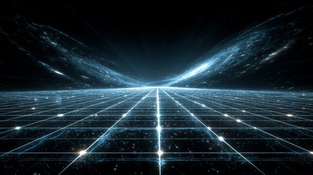 Futuristic glowing blue holographic grid in dark space